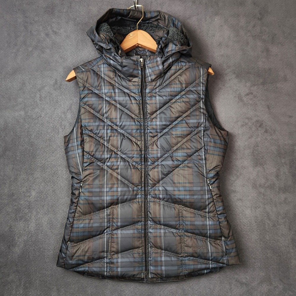 Patagonia Women's Plaid Quilted Hooded Vest in Black and Blue